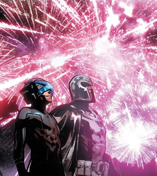 an x-men comic panel of professor x and magneto standing in profile against bright fireworks